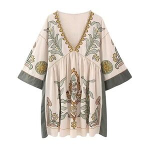 Sunday Up Womens Baby Doll Tunic Dress Size L Tan Boho‎ Hippie Festival